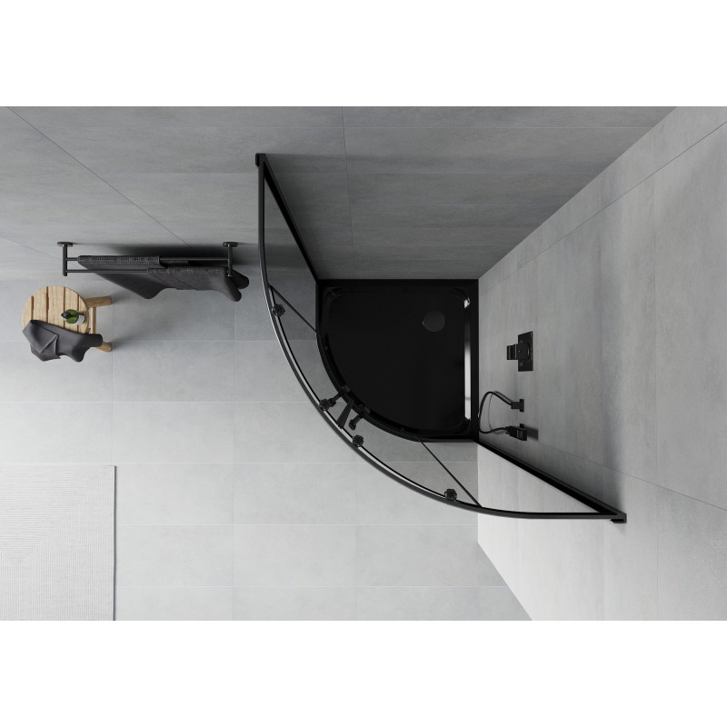 Mexen Rio Halbrunde Duschkabine 90 x 90 cm, Graphit, Schwarz + Duschwanne Flat, Schwarz - 863-090-090-70-40-4170B