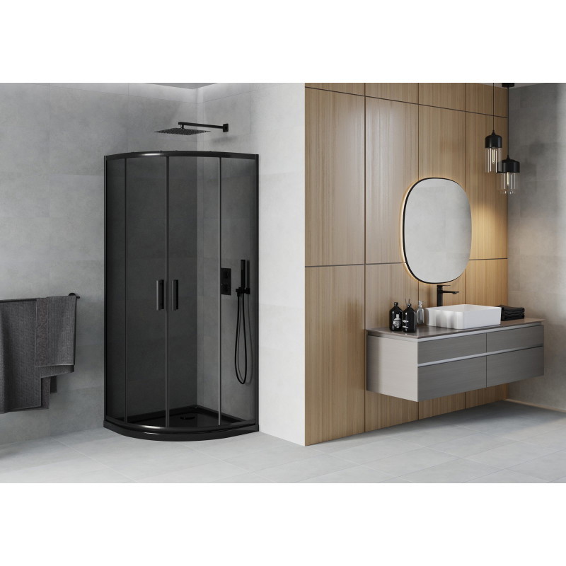 Mexen Rio Duschkabine halbrund 90 x 90 cm, grafit, schwarz + Duschwanne Flat, schwarz - 863-090-090-70-40-4170B