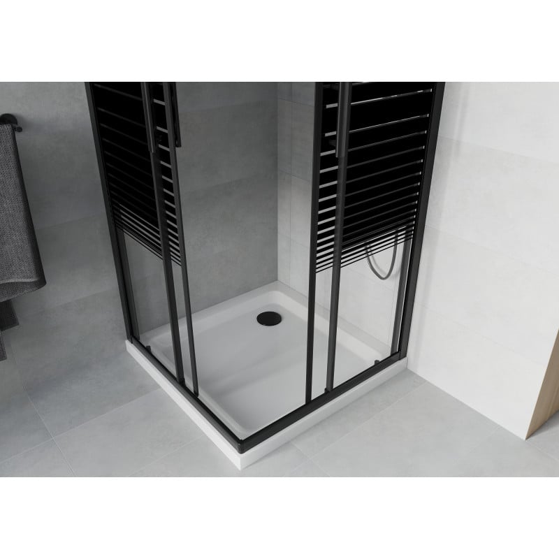 Mexen Rio quadratische Duschkabine 90 x 90 cm, schwarze Streifen, schwarz + Flat Duschwanne, weiß - 860-090-090-70-20-4010B