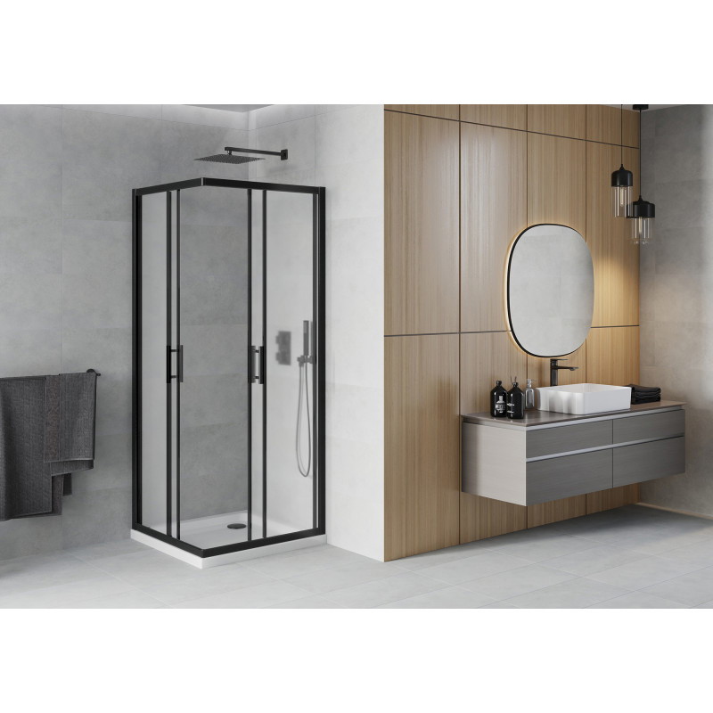 Mexen Rio quadratische Duschkabine 90 x 90 cm, mattiert, schwarz + Flat-Duschwanne, weiß - 860-090-090-70-30-4010B