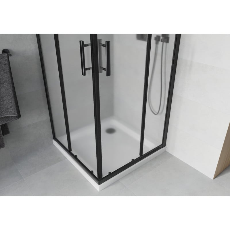 Mexen Rio quadratische Duschkabine 90 x 90 cm, Milchglas, schwarz + Flat Duschwanne, weiß - 860-090-090-70-30-4010B