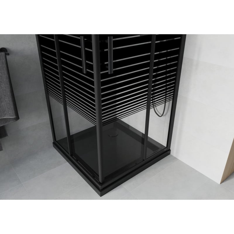 Mexen Rio Quadratische Duschkabine 80 x 80 cm, schwarze Streifen, schwarz + Flat Duschwanne, schwarz - 860-080-080-70-20-4070B