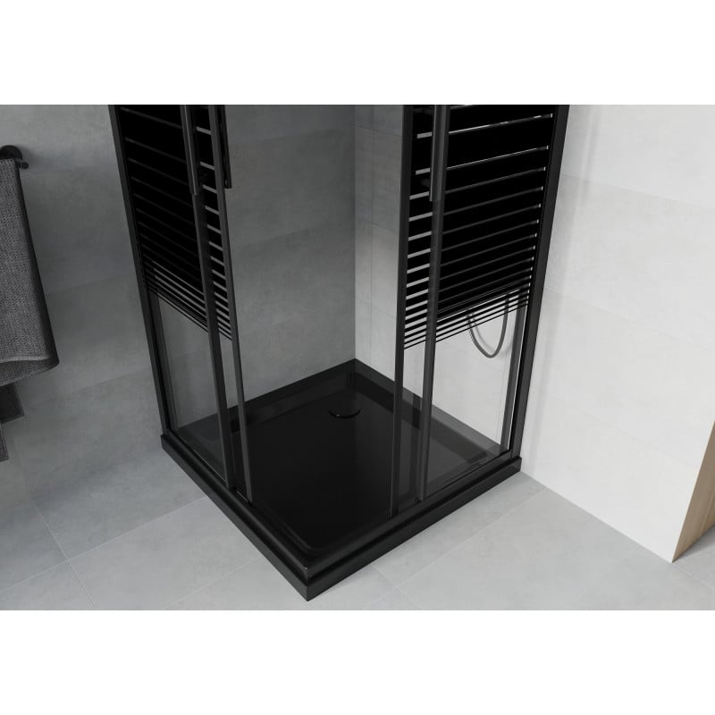 Mexen Rio Quadratische Duschkabine 80 x 80 cm, schwarze Streifen, schwarz + Flat Duschwanne, schwarz - 860-080-080-70-20-4070B