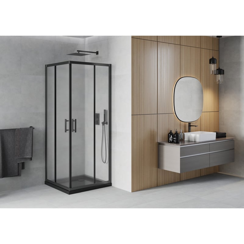 Mexen Rio Duschkabine quadratisch 80 x 80 cm, Milchglas, schwarz + Duschwanne Flat, schwarz - 860-080-080-70-30-4070B
