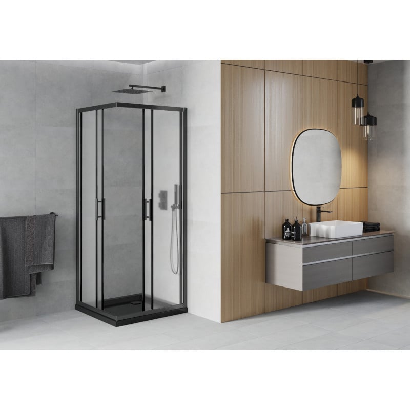 Mexen Rio Duschkabine quadratisch 80 x 80 cm, Milchglas, schwarz + Duschwanne Flat, schwarz - 860-080-080-70-30-4070B