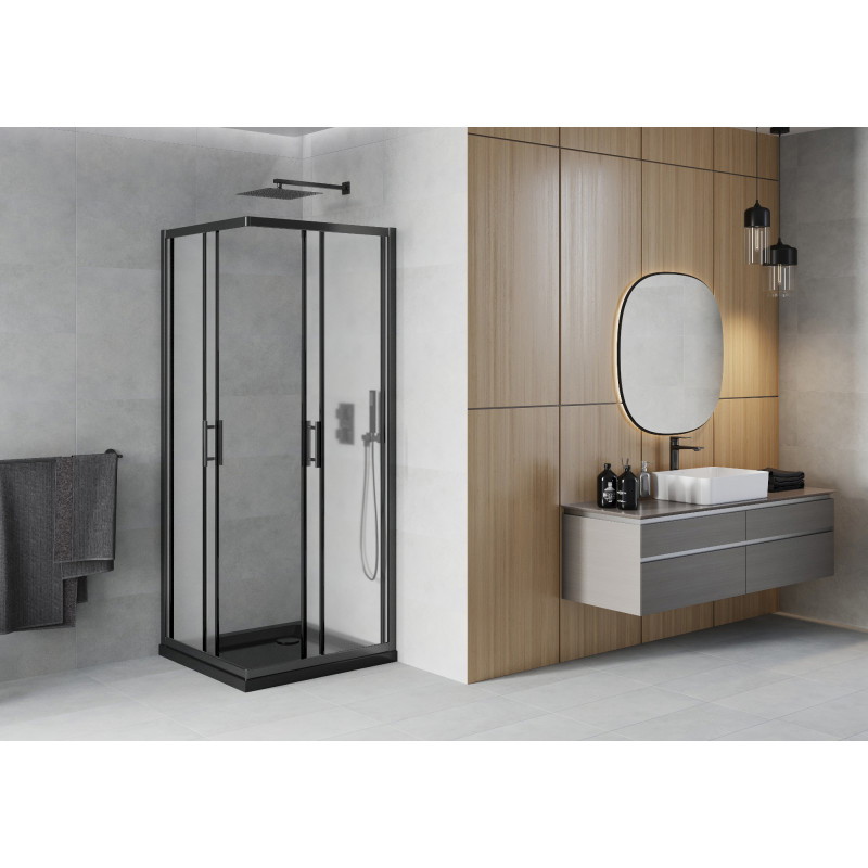 Mexen Rio quadratische Duschkabine 90 x 90 cm, matt, schwarz + Flat Duschwanne, schwarz - 860-090-090-70-30-4070B