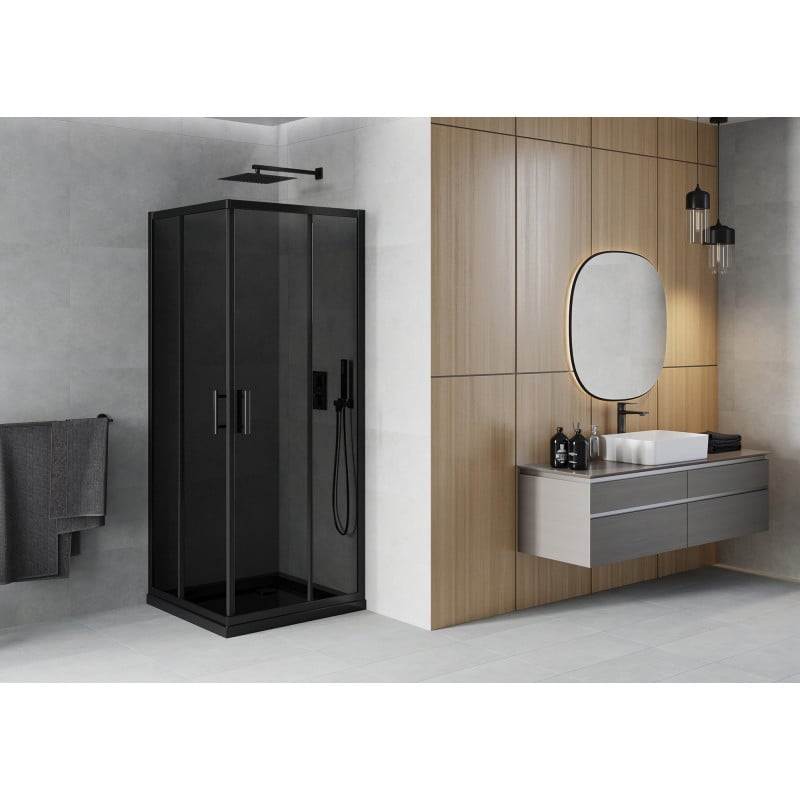 Mexen Rio Duschkabine quadratisch 90 x 90 cm, graphit, schwarz + Duschwanne Flat, schwarz - 860-090-090-70-40-4070B