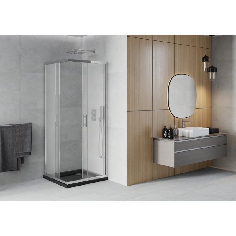 Mexen Rio quadratische Duschkabine 70 x 70 cm, Milchglas, Chrom + Duschwanne Flat, Schwarz - 860-070-070-01-30-4070