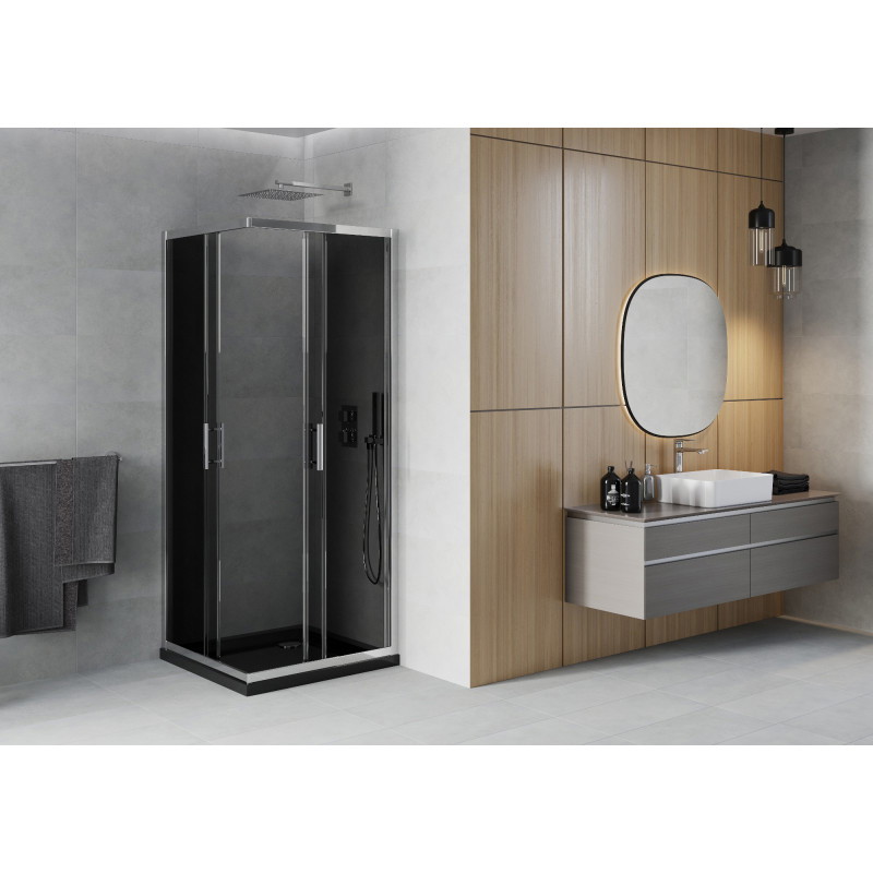 Mexen Rio quadratische Duschkabine 70 x 70 cm, Grafit, Chrom + Duschwanne Flat, schwarz - 860-070-070-01-40-4070