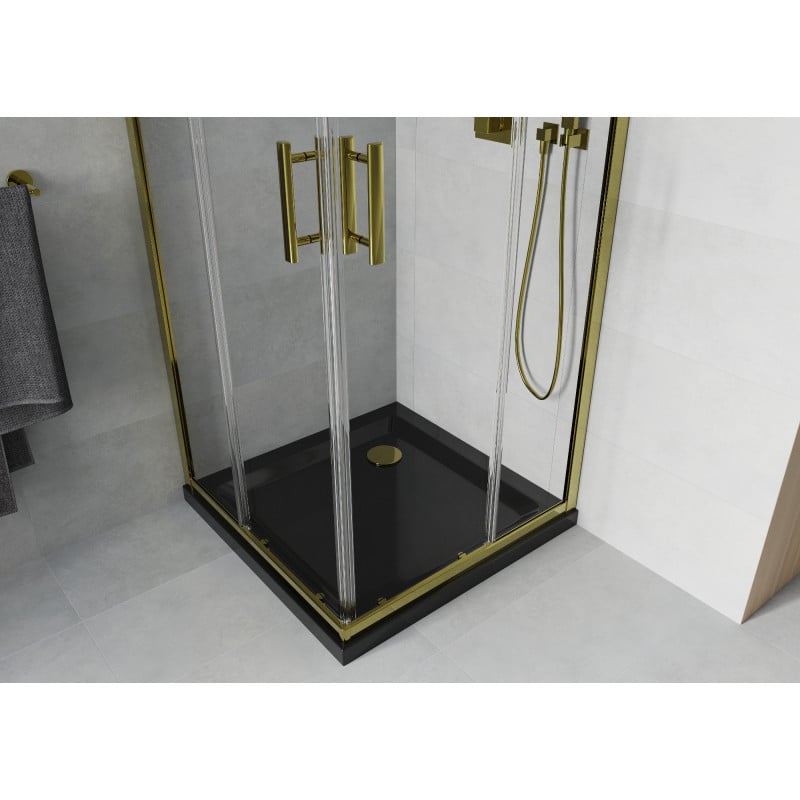 Mexen Rio quadratische Duschkabine 70 x 70 cm, transparent, gold + Flat Duschwanne, schwarz- 860-070-070-50-00-4070G