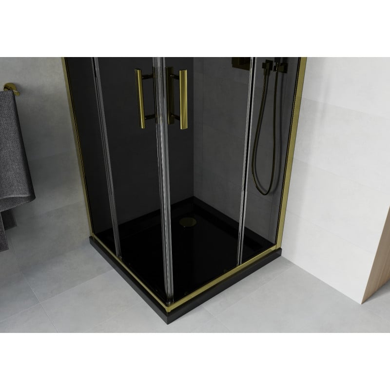 Mexen Rio quadratische Duschkabine 70 x 70 cm, Graphit, Gold + Flat Duschwanne, Schwarz - 860-070-070-50-40-4070G