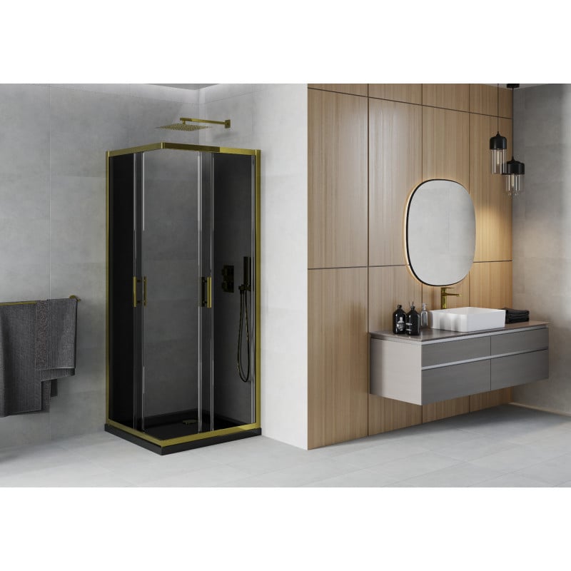 Mexen Rio quadratische Duschkabine 70 x 70 cm, Graphit, Gold + Flat Duschwanne, Schwarz - 860-070-070-50-40-4070G