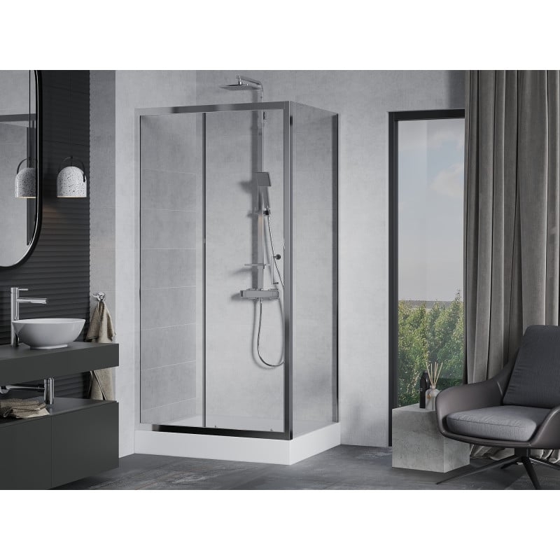 Mexen Apia Duschkabine zum Schieben 100 x 80 cm, transparent, Chrom + Duschwanne Rio - 840-100-080-01-00-4510