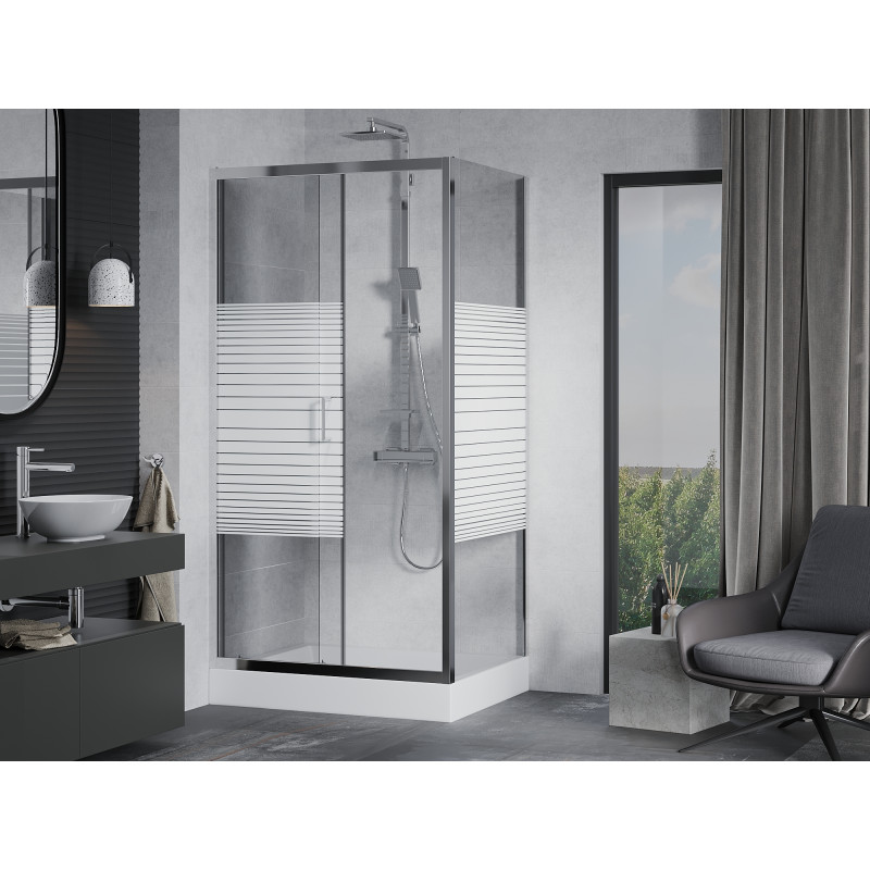 Mexen Apia Schiebeduschkabine 100 x 80 cm, weiße Streifen, Chrom + Rio Duschwanne - 840-100-080-01-20-4510