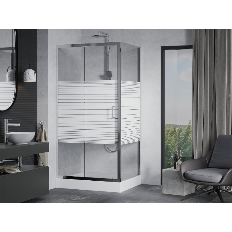 Mexen Apia Schiebeduschkabine 100 x 80 cm, weiße Streifen, Chrom + Rio Duschwanne - 840-100-080-01-20-4510