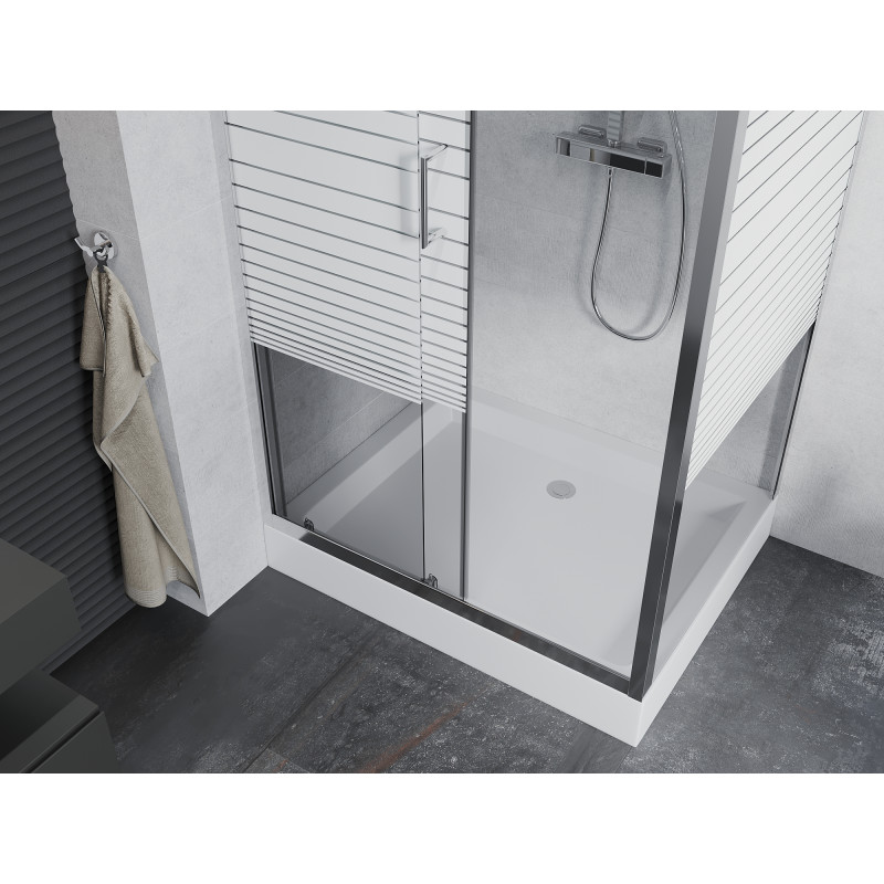 Mexen Apia Schiebeduschkabine 120 x 90 cm, weiße Streifen, Chrom + Duschwanne Rio - 840-120-090-01-20-4510