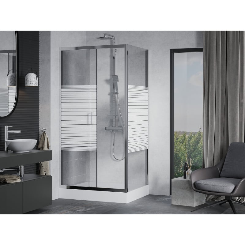 Mexen Apia verschiebbare Duschkabine 120 x 90 cm, weiße Streifen, Chrom + Duschwanne Rio - 840-120-090-01-20-4510