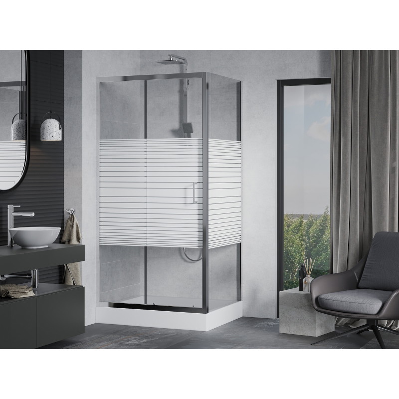 Mexen Apia Schiebeduschkabine 120 x 90 cm, weiße Streifen, Chrom + Rio Duschwanne - 840-120-090-01-20-4510
