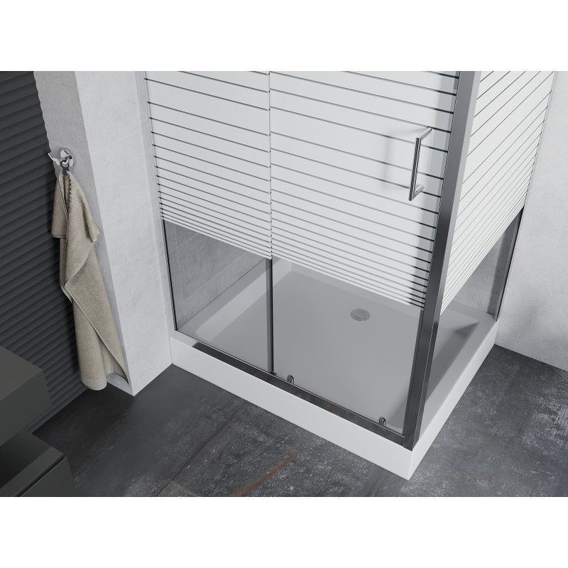 Mexen Apia Schiebeduschkabine 120 x 90 cm, weiße Streifen, Chrom + Duschwanne Rio - 840-120-090-01-20-4510