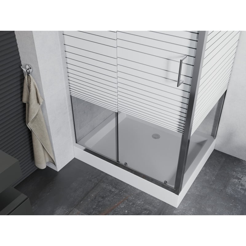 Mexen Apia verschiebbare Duschkabine 120 x 90 cm, weiße Streifen, Chrom + Duschwanne Rio - 840-120-090-01-20-4510