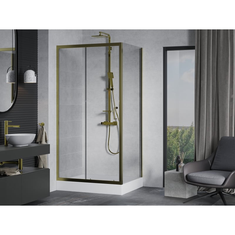 Mexen Apia Duschkabine Schiebetür 100 x 80 cm, transparent, gold + Duschwanne Rio - 840-100-080-50-00-4510