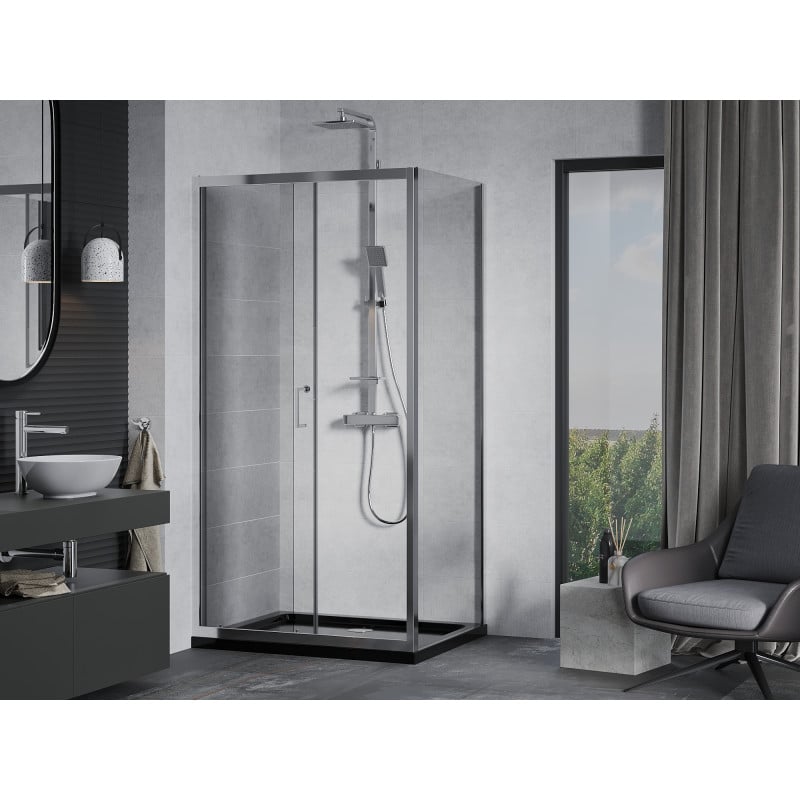 Mexen Apia begehbare Duschkabine 100 x 70 cm, transparent, Chrom + Duschwanne Flat, schwarz - 840-100-070-01-00-4070