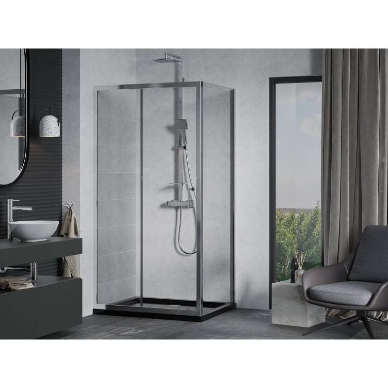 Mexen Apia begehbare Duschkabine 100 x 70 cm, transparent, Chrom + Duschwanne Flat, schwarz - 840-100-070-01-00-4070