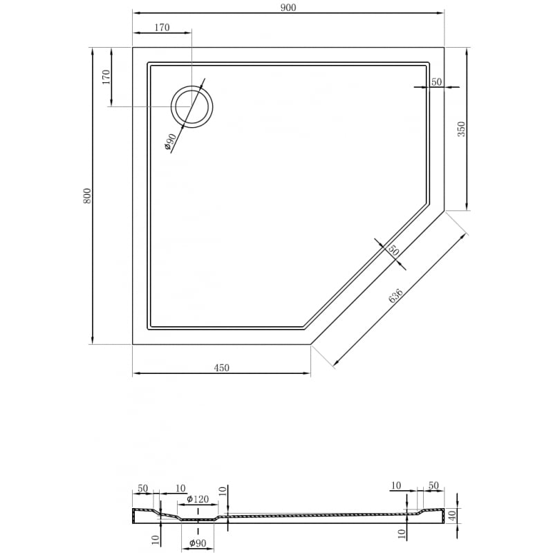 Mexen Flow Fünfeck-Duschwanne Slim Links 90 x 80 cm, Weiß glänzend - 46P108090L