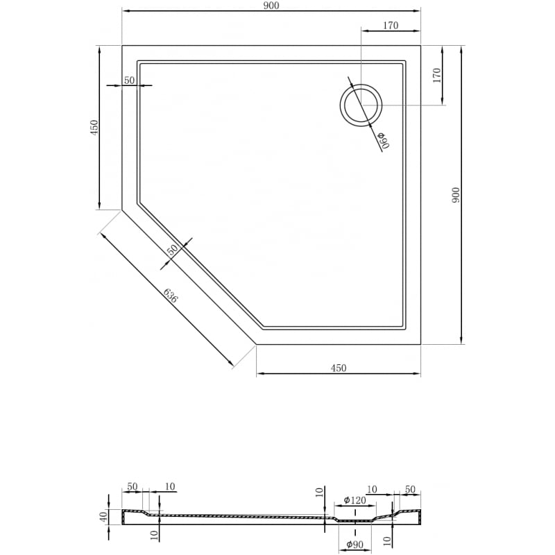 Mexen Flow Fünfeck-Duschwanne Slim 90 x 90 cm, weiß glänzend - 46P109090