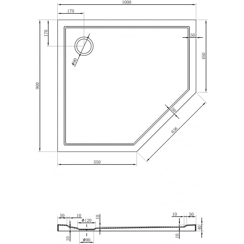 Mexen Flow Fünfeck-Duschwanne Slim Links 100 x 90 cm, Weiß Glanz - 46P109010L
