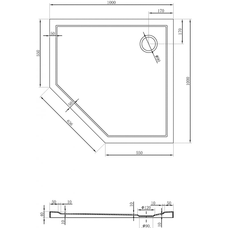 Mexen Flow Fünfeck-Duschtasse Slim 100 x 100 cm, weiß glänzend - 46P101010