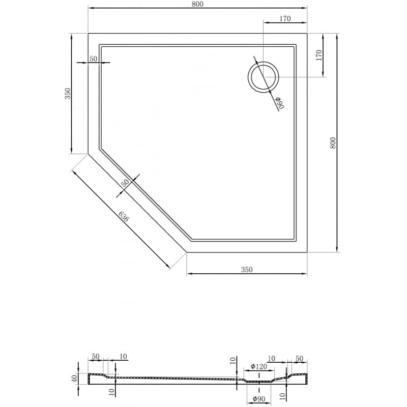 Mexen Flow Fünfeck-Duschtasse Slim 80 x 80 cm, Schwarz Matt - 46P708080