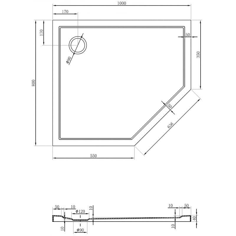 Mexen Flow Fünfeck-Duschwanne Slim links 100 x 80 cm, schwarz matt - 46P708010L