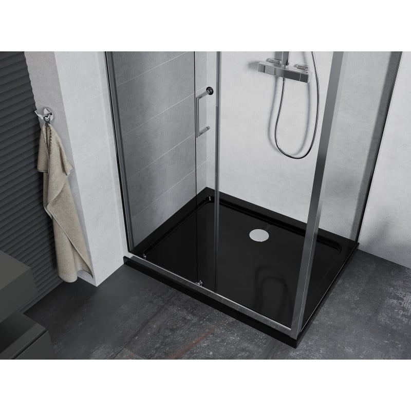 Mexen Apia Schiebeduschkabine 130 x 70 cm, transparent, chrom + Duschwanne Flat, schwarz - 840-130-070-01-00-4070