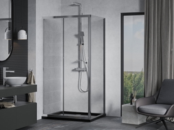 Mexen Apia Schiebeduschkabine 130 x 70 cm, transparent, chrom + Duschwanne Flat, schwarz - 840-130-070-01-00-4070
