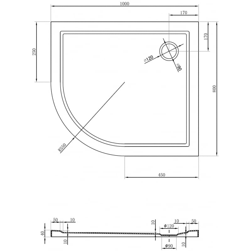 Mexen Flow asymmetrische Halbrundduschtasse Slim rechts 100 x 80 cm, weiß glänzend - 46Q108010R