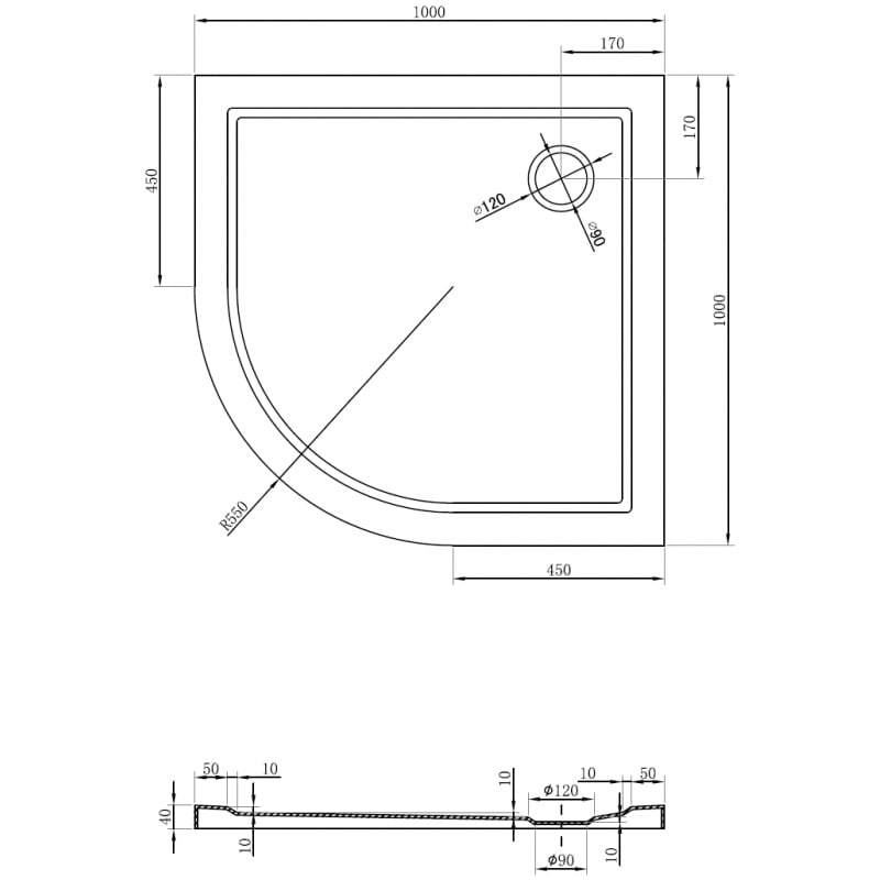 Mexen Flow Halbkreis-Duschwanne Slim 100 x 100 cm, Schwarz Matt - 46Q701010