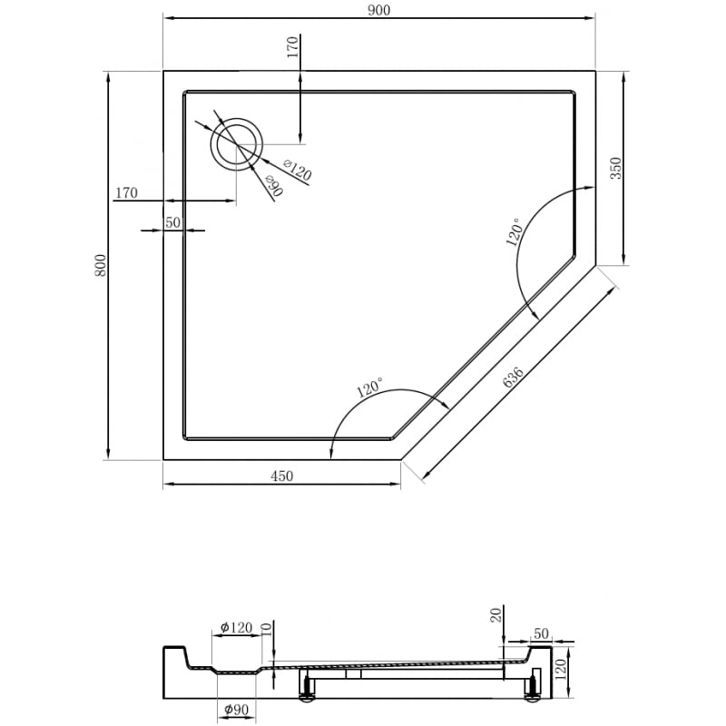 Mexen Flow+ Fünfeck-Duschwanne links 90 x 80 cm, weiß glänzend - 46P108090LH
