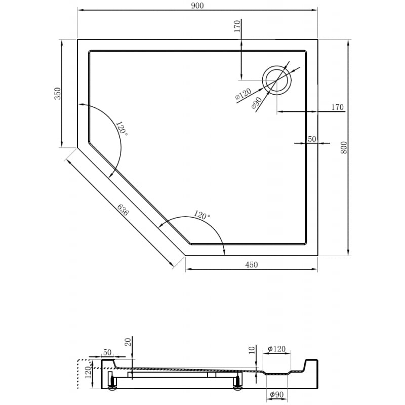 Mexen Flow+ Fünfeck-Duschwanne rechts 90 x 80 cm, weiß glänzend - 46P108090RH