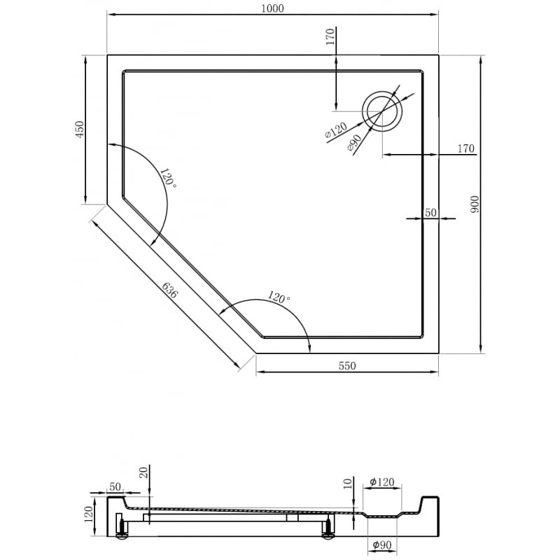 Mexen Flow+ Fünfeck-Duschbecken rechts 100 x 90 cm, weißer Glanz - 46P109010RH