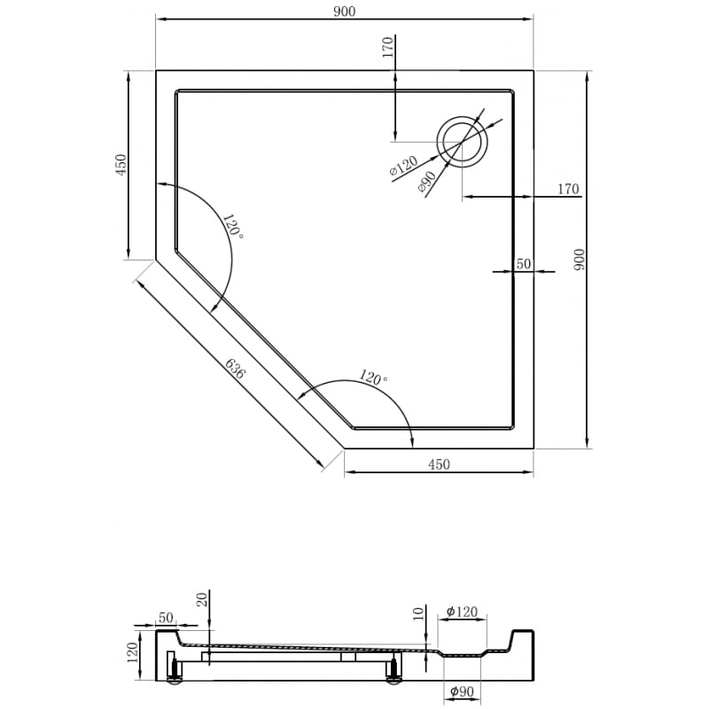 Mexen Flow+ Fünfeck-Duschwanne 90 x 90 cm, Schwarz Matt - 46P709090H