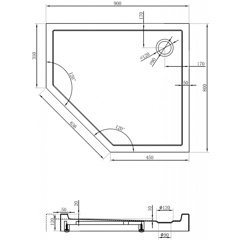 Mexen Flow+ Fünfeck-Duschwanne rechts 90 x 80 cm, Schwarz Matt - 46P708090RH