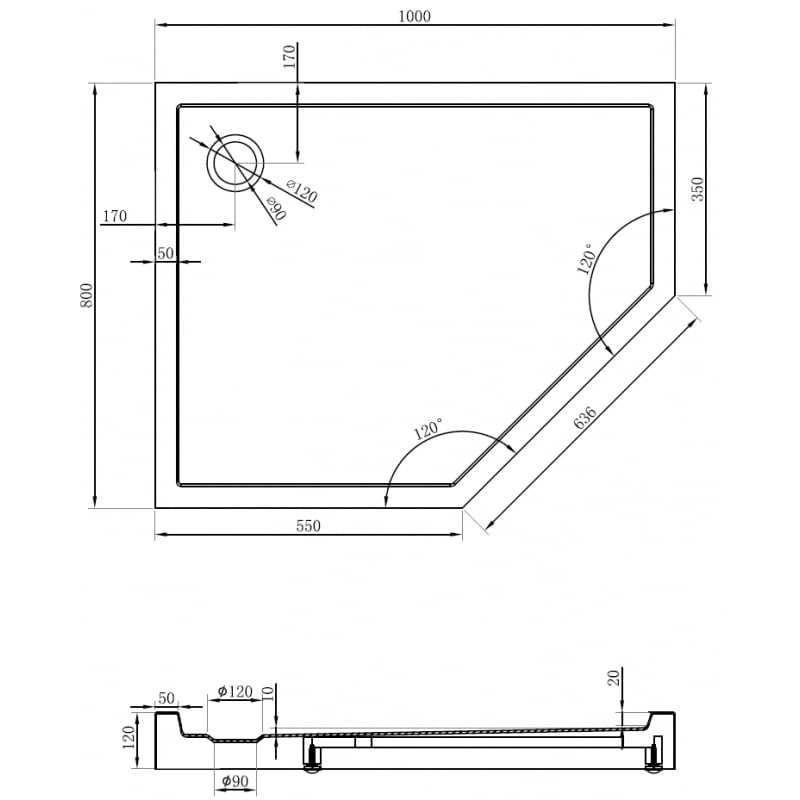 Mexen Flow+ Fünfeck-Duschwanne links 80 x 100 cm, schwarz matt - 46P708010LH