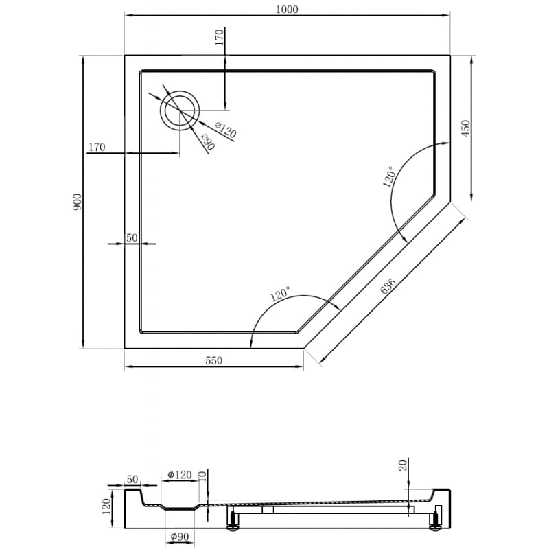 Mexen Flow+ Duschwanne fünfeckig links 100 x 90 cm, schwarz matt - 46P709010LH
