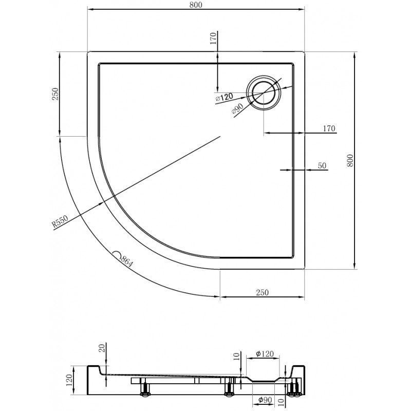 Mexen Flow+ Duschwanne Halbkreis 80 x 80 cm, schwarzmatt - 46Q708080H