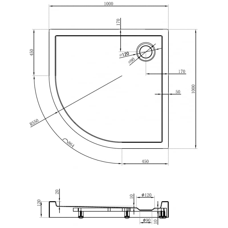 Mexen Flow+ viertelkreis Duschwanne 100 x 100 cm, schwarz matt - 46Q701010H