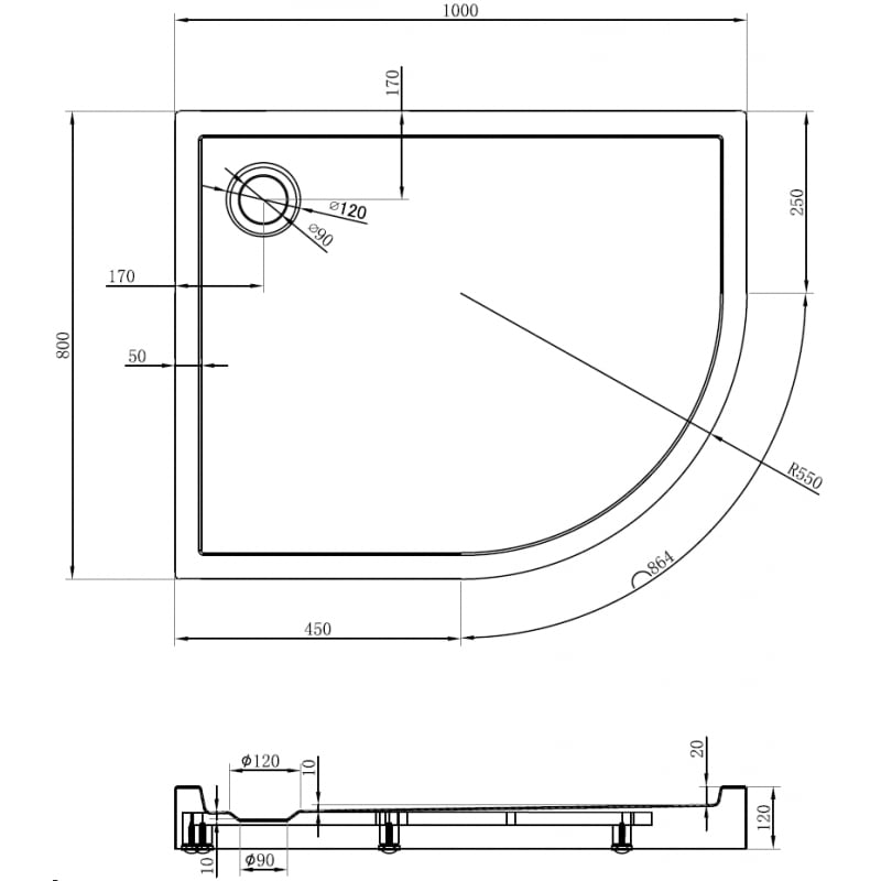 Mexen Flow+ Halbkreis-Duschwanne asymmetrisch links 100 x 80 cm, weiß glänzend - 46Q108010LH