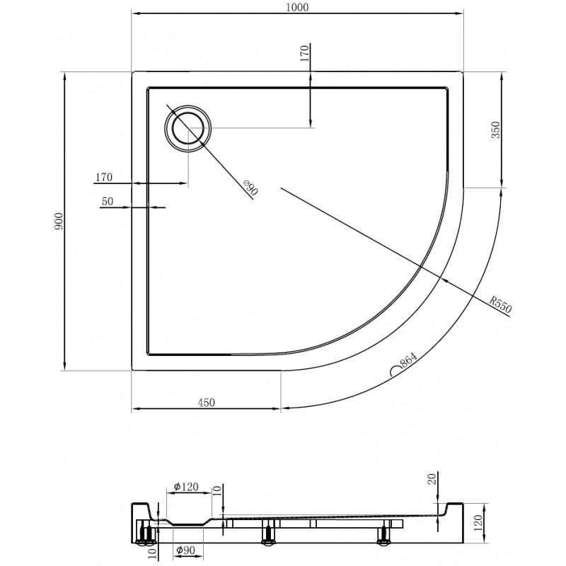 Mexen Flow+ Duschwanne halbkreisförmig asymmetrisch links 100 x 90 cm, weiß glänzend - 46Q109010LH