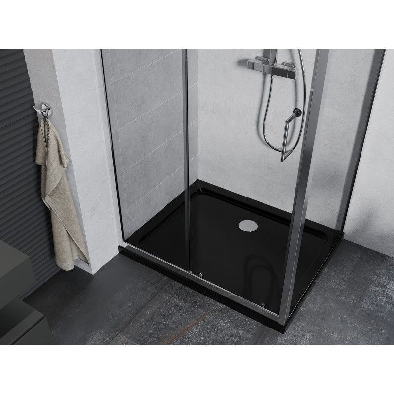 Mexen Apia Duschkabine zum Schieben 140 x 80 cm, transparent, Chrom + Duschwanne Flat, schwarz - 840-140-080-01-00-4070