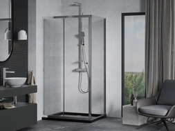 Mexen Apia Duschkabine verschiebbar 140 x 90 cm, transparent, Chrom + Duschwanne Flat, schwarz - 840-140-090-01-00-4070